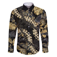 Gold Tropical Leaves Hawaii Mikioi Lei Family Matching Long Sleeve Bodycon Dress and Hawaiian Shirt Luxury Stylized - Polynesian Pride
