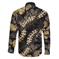 Gold Tropical Leaves Hawaii Mikioi Lei Family Matching Off The Shoulder Long Sleeve Dress and Hawaiian Shirt Luxury Stylized - Polynesian Pride