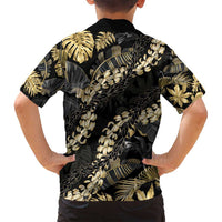 Gold Tropical Leaves Hawaii Mikioi Lei Family Matching Off Shoulder Maxi Dress and Hawaiian Shirt Luxury Stylized - Polynesian Pride