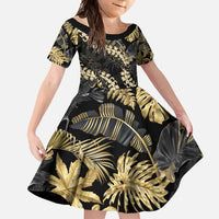 Gold Tropical Leaves Hawaii Mikioi Lei Family Matching Short Sleeve Bodycon Dress and Hawaiian Shirt Luxury Stylized - Polynesian Pride