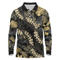 Gold Tropical Leaves Hawaii Mikioi Lei Long Sleeve Polo Shirt Luxury Stylized - Polynesian Pride