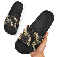 Gold Tropical Leaves Hawaii Mikioi Lei Slide Sandals Luxury Stylized - Polynesian Pride