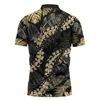 Gold Tropical Leaves Hawaii Mikioi Lei Zipper Polo Shirt Luxury Stylized - Polynesian Pride