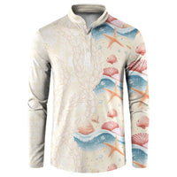 Beige Hawaii Lei Seashells Starfish Button Sweatshirt Sandy Sylized - Polynesian Pride