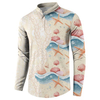 Beige Hawaii Lei Seashells Starfish Button Sweatshirt Sandy Sylized - Polynesian Pride