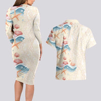 Beige Hawaii Lei Seashells Starfish Couples Matching Long Sleeve Bodycon Dress and Hawaiian Shirt Sandy Sylized LT01 - Polynesian Pride