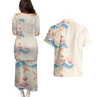 Beige Hawaii Lei Seashells Starfish Couples Matching Puletasi and Hawaiian Shirt Sandy Sylized - Polynesian Pride