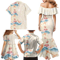 Beige Hawaii Lei Seashells Starfish Family Matching Mermaid Dress and Hawaiian Shirt Sandy Sylized - Polynesian Pride