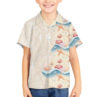 Beige Hawaii Lei Seashells Starfish Family Matching Off The Shoulder Long Sleeve Dress and Hawaiian Shirt Sandy Sylized - Polynesian Pride