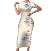Beige Hawaii Lei Seashells Starfish Family Matching Short Sleeve Bodycon Dress and Hawaiian Shirt Sandy Sylized - Polynesian Pride