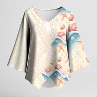 Beige Hawaii Lei Seashells Starfish Kimono Sleeve Blouse Sandy Sylized - Polynesian Pride