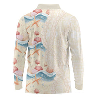 Beige Hawaii Lei Seashells Starfish Long Sleeve Polo Shirt Sandy Sylized - Polynesian Pride
