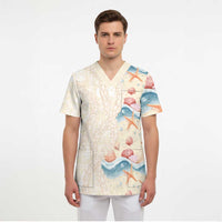 Beige Hawaii Lei Seashells Starfish Scrub Top Sandy Sylized - Polynesian Pride