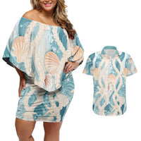 Hawaii Lei Seashells Starfish Couples Matching Off Shoulder Short Dress and Hawaiian Shirt Fresh Summer Vibe LT01 Blue - Polynesian Pride