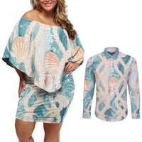 Hawaii Lei Seashells Starfish Couples Matching Off Shoulder Short Dress and Long Sleeve Button Shirt Fresh Summer Vibe - Polynesian Pride
