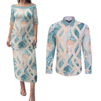 Hawaii Lei Seashells Starfish Couples Matching Puletasi and Long Sleeve Button Shirt Fresh Summer Vibe - Polynesian Pride