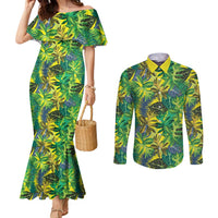 Hawaii Summer Tropical Leaves Couples Matching Mermaid Dress and Long Sleeve Button Shirt - Polynesian Pride