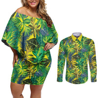 Hawaii Summer Tropical Leaves Couples Matching Off Shoulder Short Dress and Long Sleeve Button Shirt - Polynesian Pride