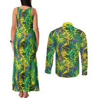 Hawaii Summer Tropical Leaves Couples Matching Tank Maxi Dress and Long Sleeve Button Shirt - Polynesian Pride