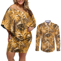 Hawaii Gold Tropical Leaves Couples Matching Off Shoulder Short Dress and Long Sleeve Button Shirt - Polynesian Pride