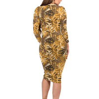 Hawaii Gold Tropical Leaves Family Matching Long Sleeve Bodycon Dress and Hawaiian Shirt - Polynesian Pride