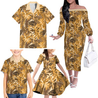 Hawaii Gold Tropical Leaves Family Matching Off The Shoulder Long Sleeve Dress and Hawaiian Shirt - Polynesian Pride
