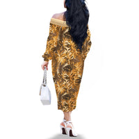 Hawaii Gold Tropical Leaves Family Matching Off The Shoulder Long Sleeve Dress and Hawaiian Shirt - Polynesian Pride