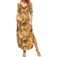 Hawaii Gold Tropical Leaves Family Matching Summer Maxi Dress and Hawaiian Shirt - Polynesian Pride