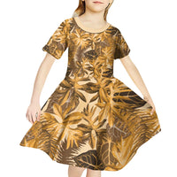Hawaii Gold Tropical Leaves Kid Short Sleeve Dress - Polynesian Pride