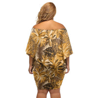 Hawaii Gold Tropical Leaves Off Shoulder Short Dress - Polynesian Pride