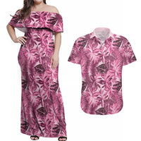 Hawaii Pink Tropical Leaves Couples Matching Off Shoulder Maxi Dress and Hawaiian Shirt - Polynesian Pride