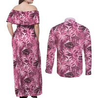 Hawaii Pink Tropical Leaves Couples Matching Off Shoulder Maxi Dress and Long Sleeve Button Shirt - Polynesian Pride