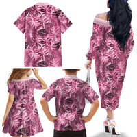 Hawaii Pink Tropical Leaves Family Matching Off The Shoulder Long Sleeve Dress and Hawaiian Shirt - Polynesian Pride
