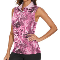 Hawaii Pink Tropical Leaves Women Sleeveless Polo Shirt - Polynesian Pride