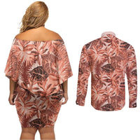 Hawaii Red Brown Tropical Leaves Couples Matching Off Shoulder Short Dress and Long Sleeve Button Shirt - Polynesian Pride