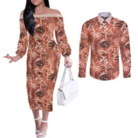 Hawaii Red Brown Tropical Leaves Couples Matching Off The Shoulder Long Sleeve Dress and Long Sleeve Button Shirt - Polynesian Pride