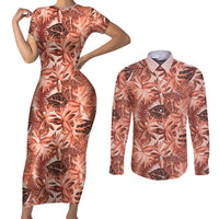 Hawaii Red Brown Tropical Leaves Couples Matching Short Sleeve Bodycon Dress and Long Sleeve Button Shirt - Polynesian Pride