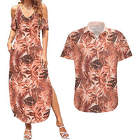 Hawaii Red Brown Tropical Leaves Couples Matching Summer Maxi Dress and Hawaiian Shirt - Polynesian Pride
