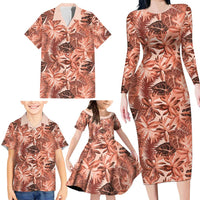 Hawaii Red Brown Tropical Leaves Family Matching Long Sleeve Bodycon Dress and Hawaiian Shirt - Polynesian Pride