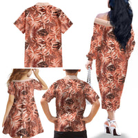 Hawaii Red Brown Tropical Leaves Family Matching Off The Shoulder Long Sleeve Dress and Hawaiian Shirt - Polynesian Pride