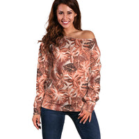 Hawaii Red Brown Tropical Leaves Off Shoulder Sweater - Polynesian Pride