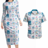 Hawaii Coastal Summer Postcard Couples Matching Long Sleeve Bodycon Dress and Hawaiian Shirt