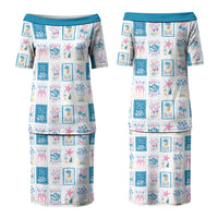 Hawaii Coastal Summer Postcard Couples Matching Puletasi and Hawaiian Shirt