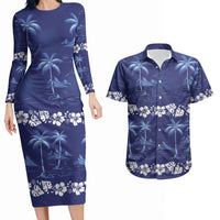 Blue Hawaii Palm Tree Hibiscus Couples Matching Long Sleeve Bodycon Dress and Hawaiian Shirt Fantasy Summer Vibe