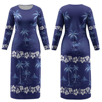 Blue Hawaii Palm Tree Hibiscus Couples Matching Long Sleeve Bodycon Dress and Long Sleeve Button Shirt Fantasy Summer Vibe