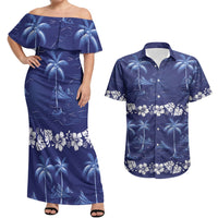 Blue Hawaii Palm Tree Hibiscus Couples Matching Off Shoulder Maxi Dress and Hawaiian Shirt Fantasy Summer Vibe