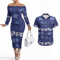 Blue Hawaii Palm Tree Hibiscus Couples Matching Off The Shoulder Long Sleeve Dress and Hawaiian Shirt Fantasy Summer Vibe