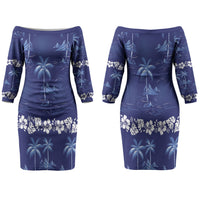 Blue Hawaii Palm Tree Hibiscus Couples Matching Off The Shoulder Long Sleeve Dress and Long Sleeve Button Shirt Fantasy Summer Vibe