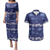 Blue Hawaii Palm Tree Hibiscus Couples Matching Puletasi and Hawaiian Shirt Fantasy Summer Vibe