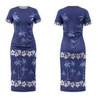 Blue Hawaii Palm Tree Hibiscus Couples Matching Short Sleeve Bodycon Dress and Long Sleeve Button Shirt Fantasy Summer Vibe